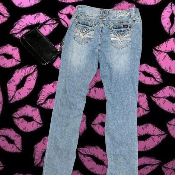 VINTAGE Y2K ANGEL Women's Embellished Bedazzled Blue Jeans - Picture 2 of 8